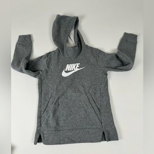 Nike hoodie, gray w/front pocket and 2 front slits, girls size small, preloved